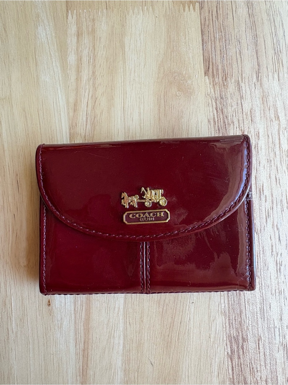 Coach Patent Leather Fold Wallet - Deep Red